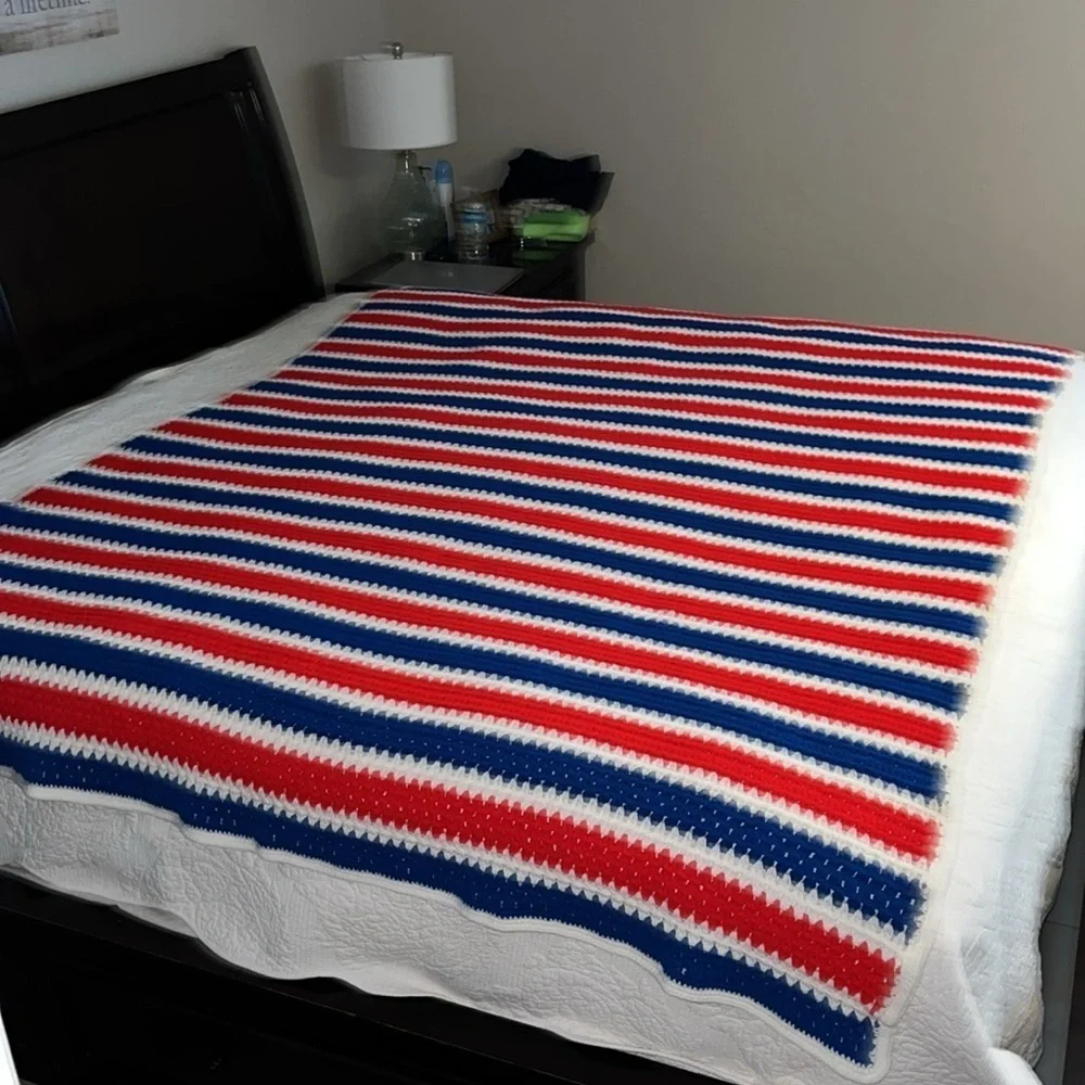Handmade Patriotic Crochet Afghan Red White Blue Blanket 79”X 66”
